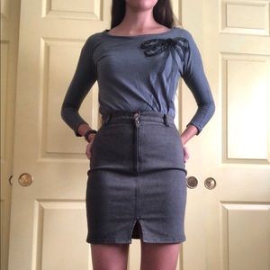 3/4 Length Charcoal Blouse with Bow